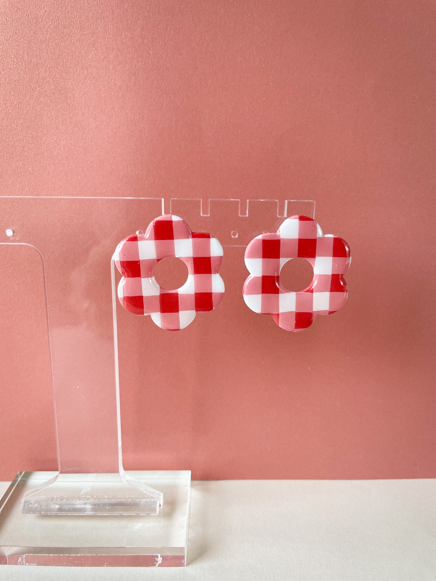 Gingham Flower Studs in Red
