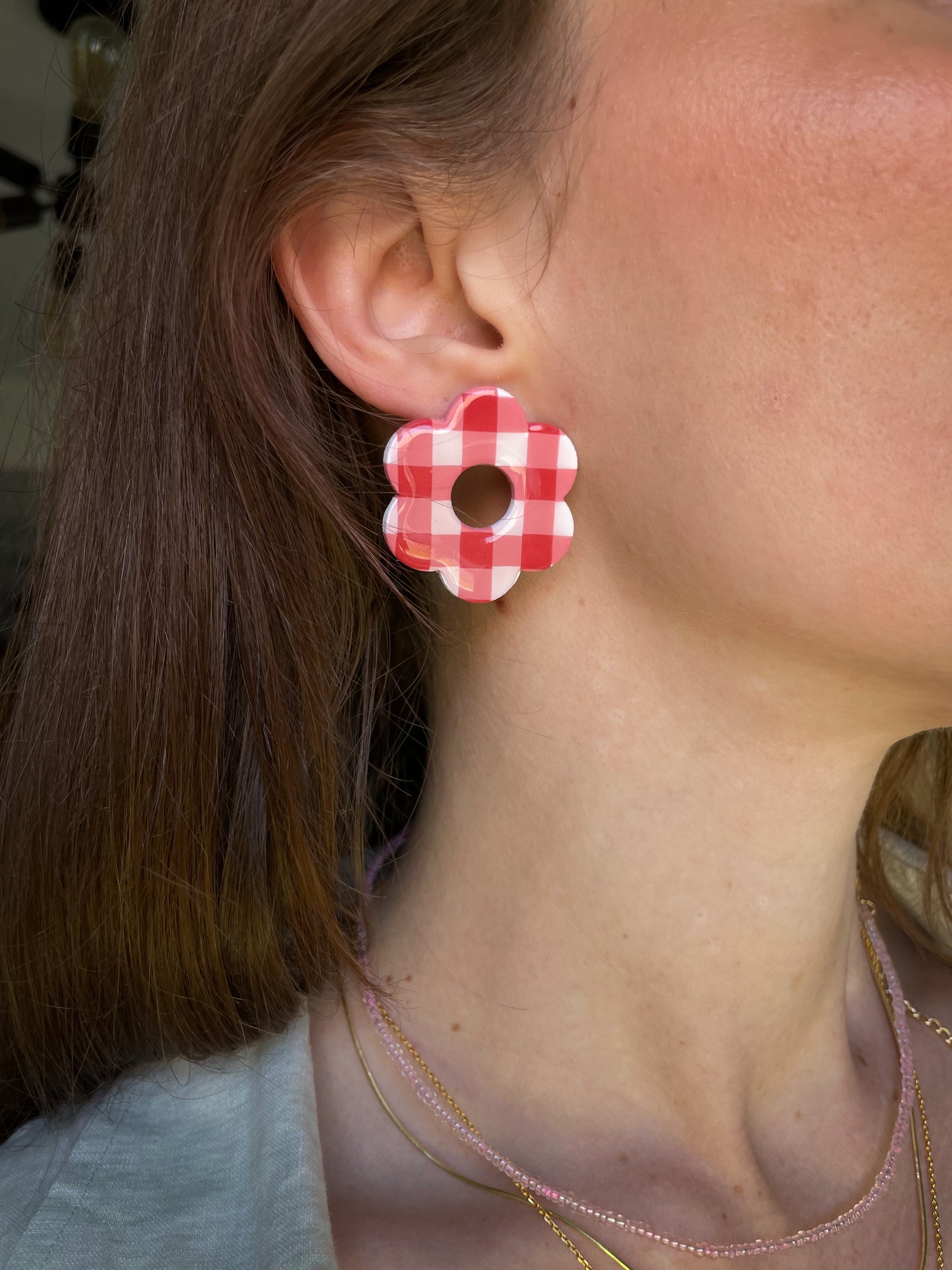 Gingham Flower Studs in Red