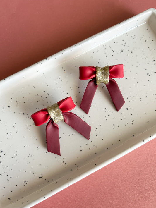 Bow Earrings in Red & Plum