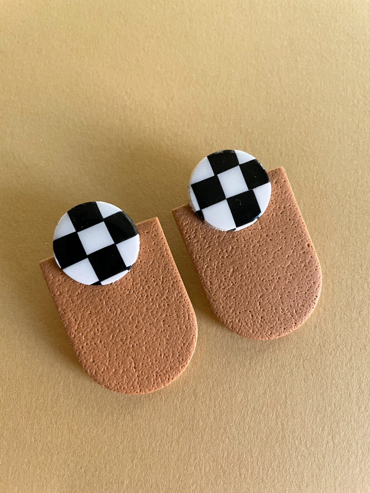 Millie Studs in Camel & Checkerboard