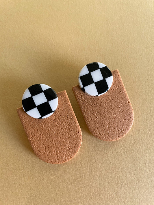 Millie Studs in Camel & Checkerboard